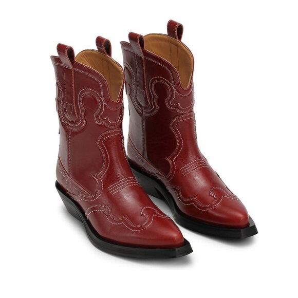 Ganni Shoes - Red LOW SHAFT Embroidred Western Cowboy Boots Size 6